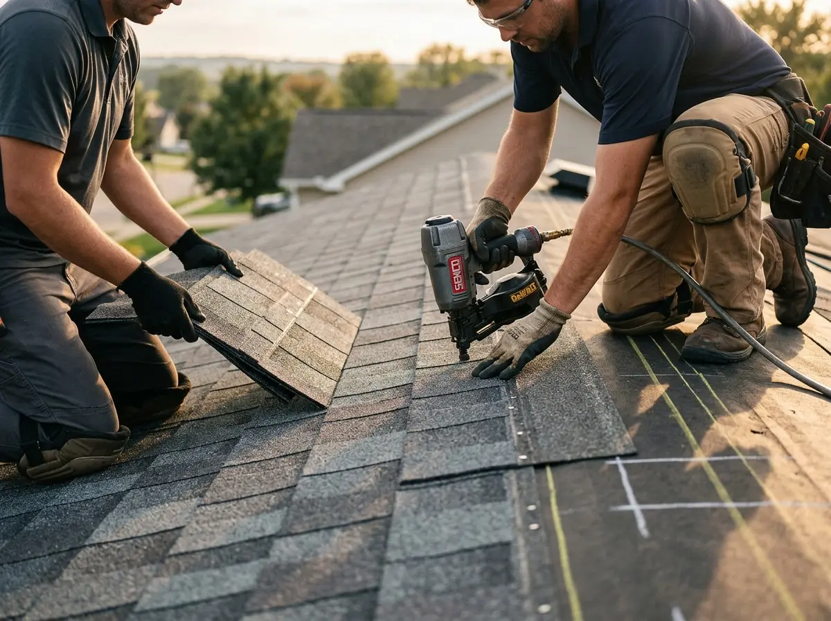 Professional roofer working on a residential roof in Palm Desert